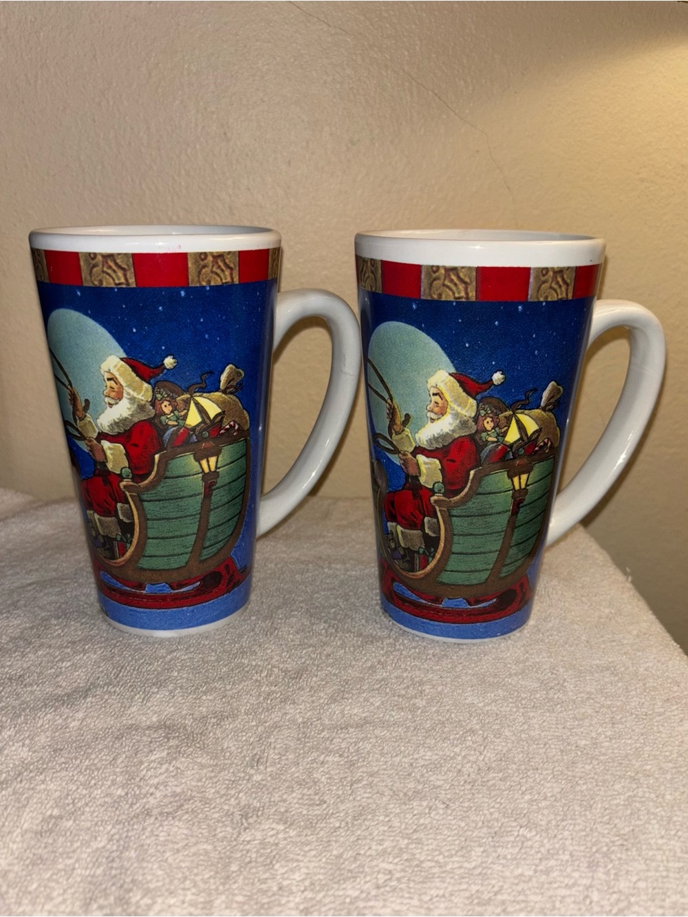 Casa Bella Christmas Reindeer Sleigh Tall 6” Latte Mugs Set of 2 NWOT